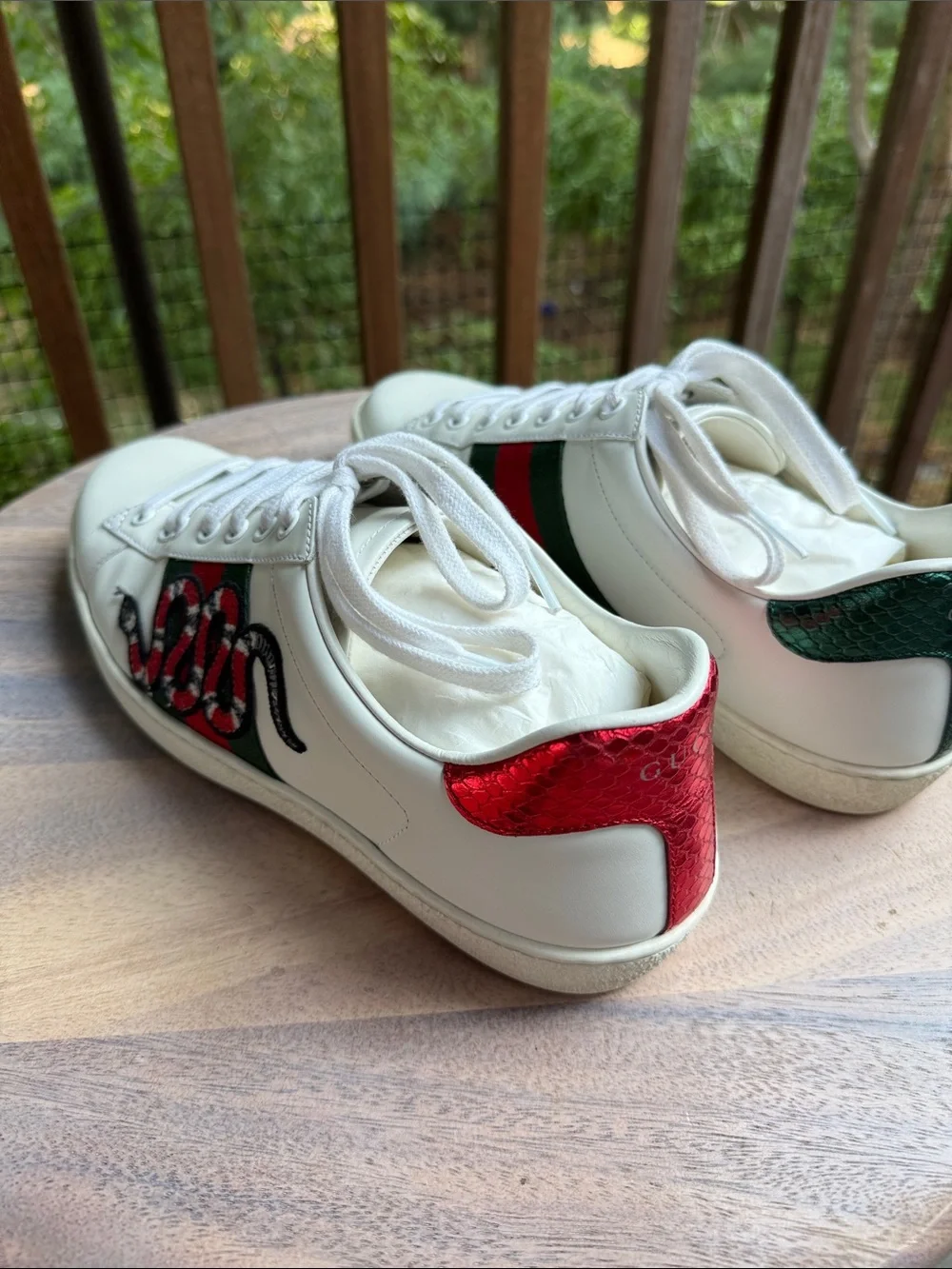 Gucci White Leather Ace Sneakers with Red & Green Web and Snake Embroidery